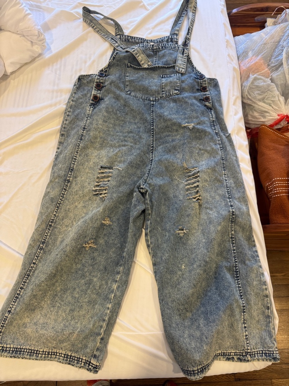Three birds nest boho Distressed Light Wash Denim Overalls